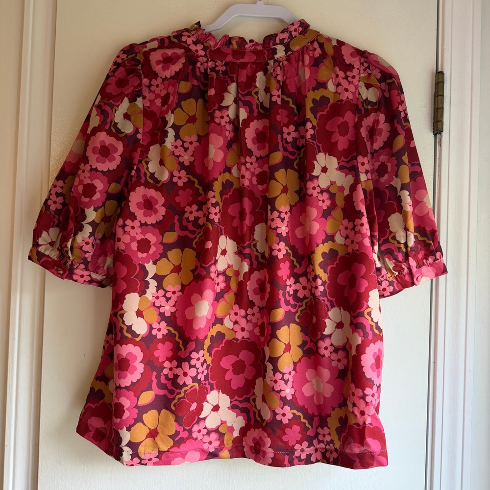 Sugarlips Pink Floral Babydoll Blouse Ruffle Split Neck Puff Sleeve Top STT16780 - Picture 6 of 9